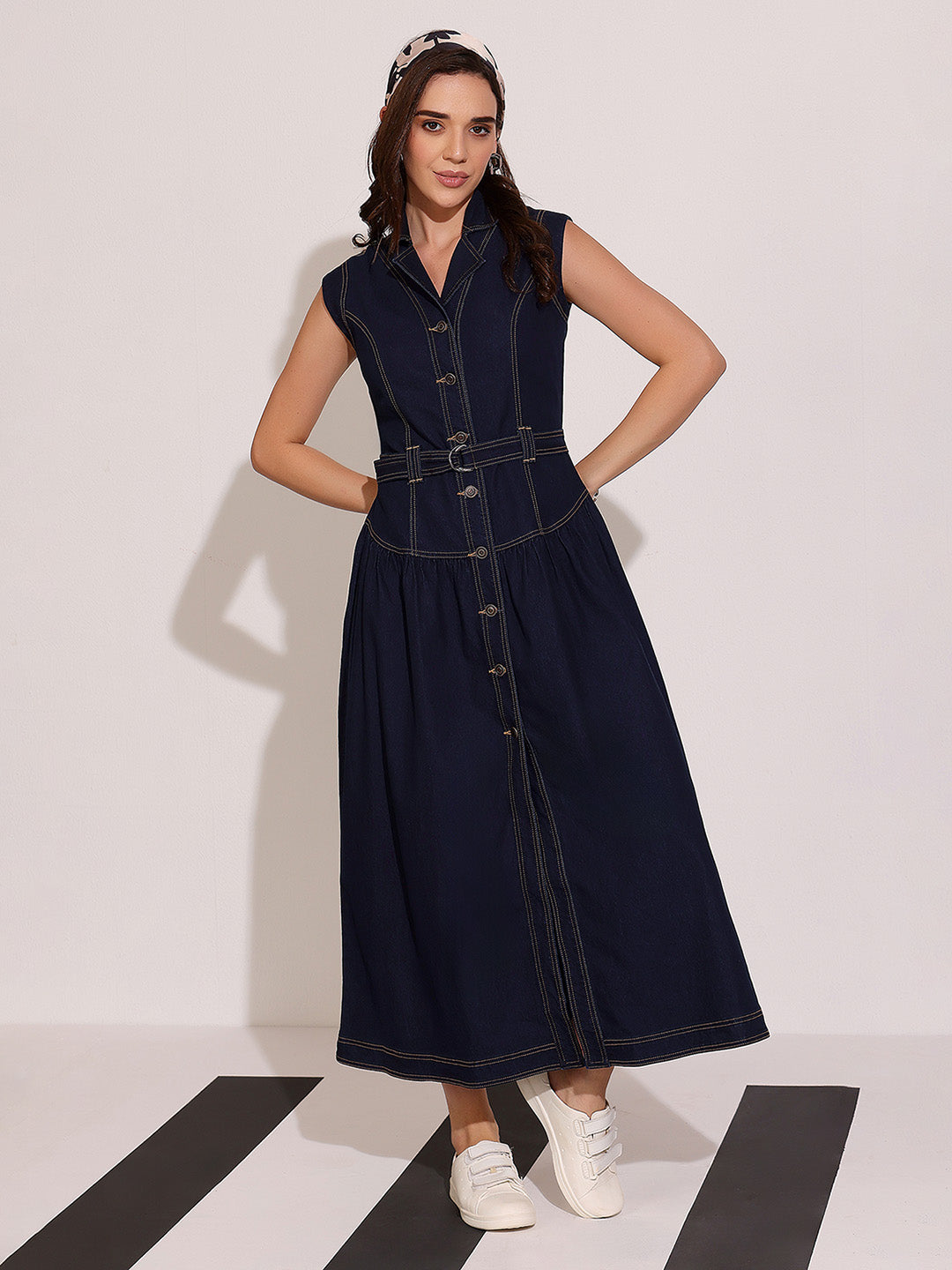 Women's Dark Blue Notched-Collar Sleeveless Solid Drop Waist Maxi-Length Light Weight Denim Shirt Dress