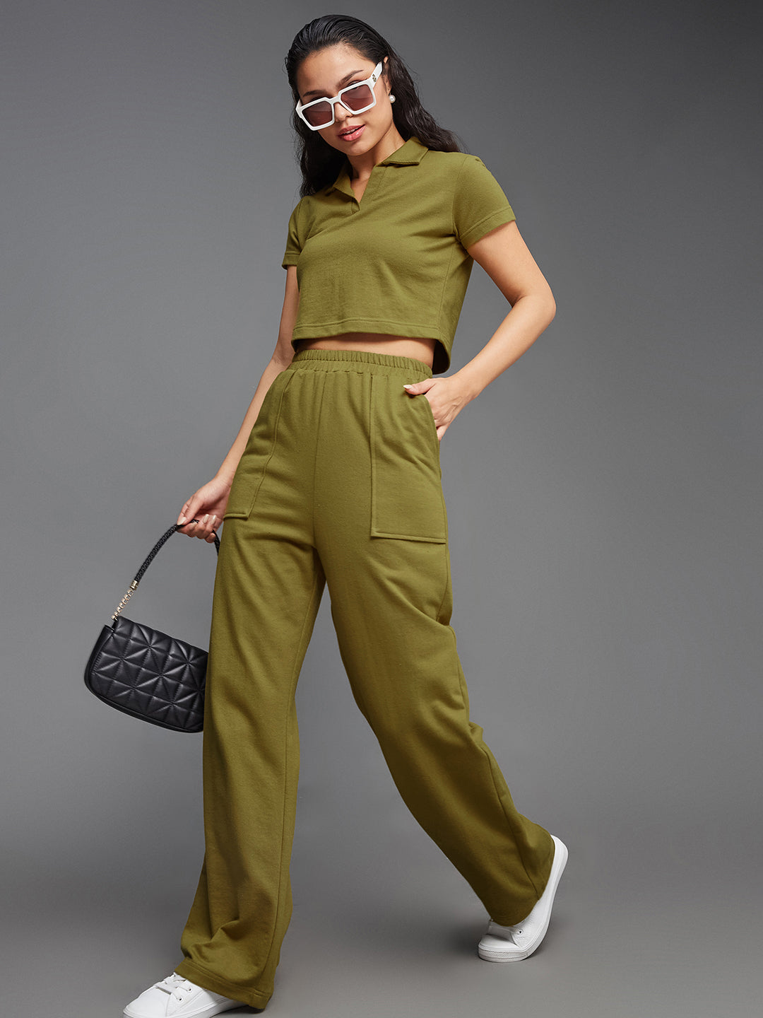 Women's Olive Green Shirt Collar Short Sleeve Solid Regular-Length Cotton Sporty Co-ord Set