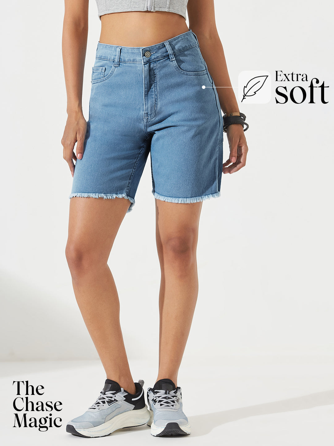Light-Blue Regular High-Rise Above Knee Stretchable Denim Shorts for Women