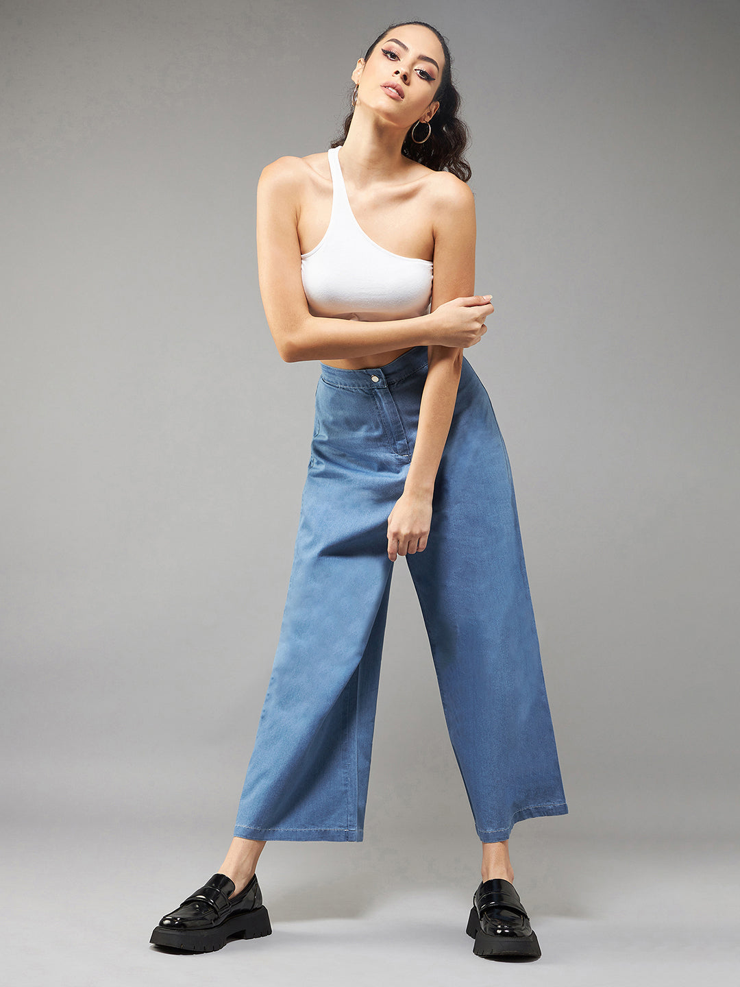 Women's Blue Flared Wide-Leg High-Rise Non Stretchable Culottes Pants