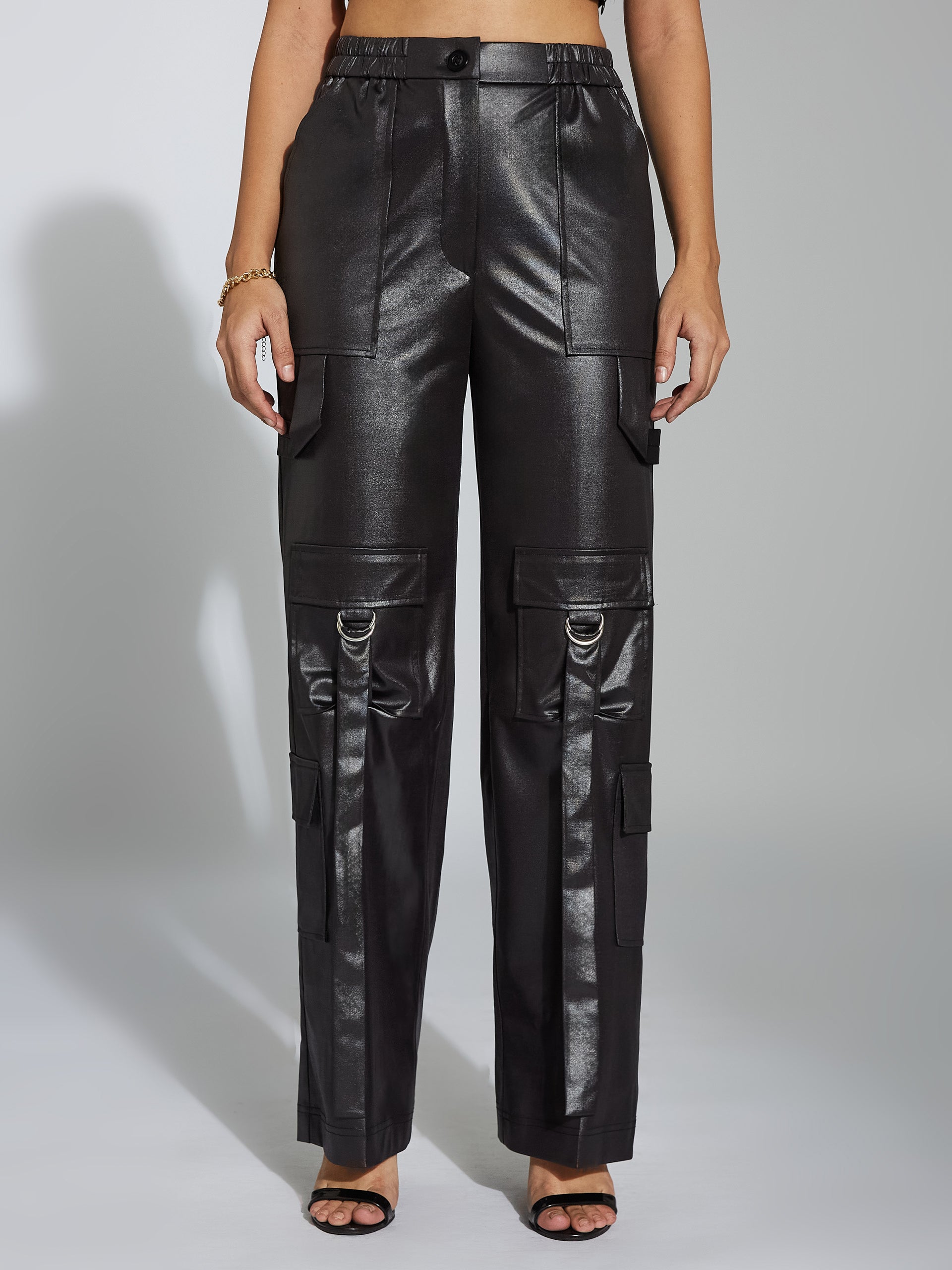 Women's Black Relaxed-Fit Regular-Length Stretchable Polyester Pants