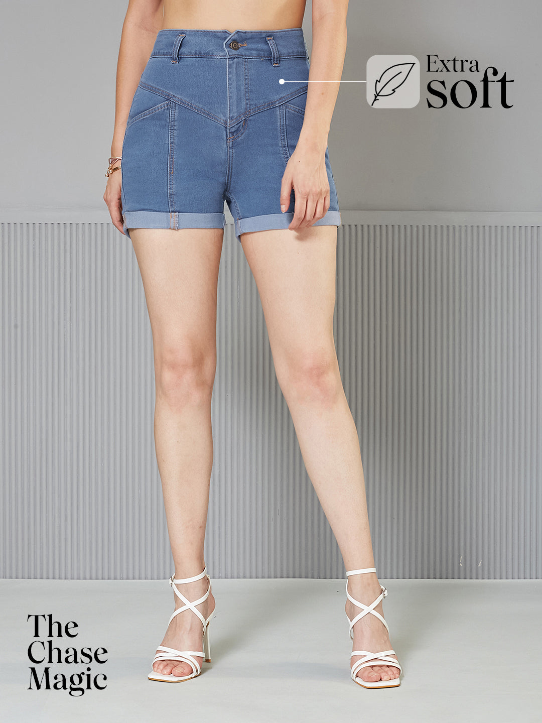Blue Relaxed-Fit High-Rise Clean-Look Stretchable Blue Denim Shorts for Women — Miss Chase