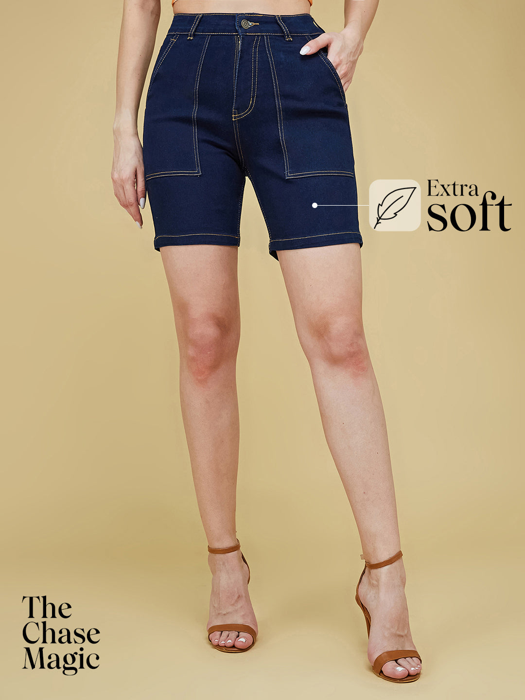 Navy-Blue Regular High-Rise Clean-Look Above-Knee Stretchable Denim Shorts for Women