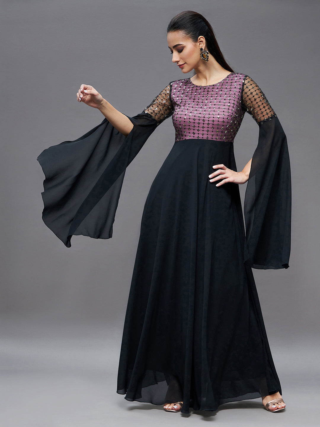 Women's Black & Lavender Relaxed Fit Maxi Georgette & Sequins Dress