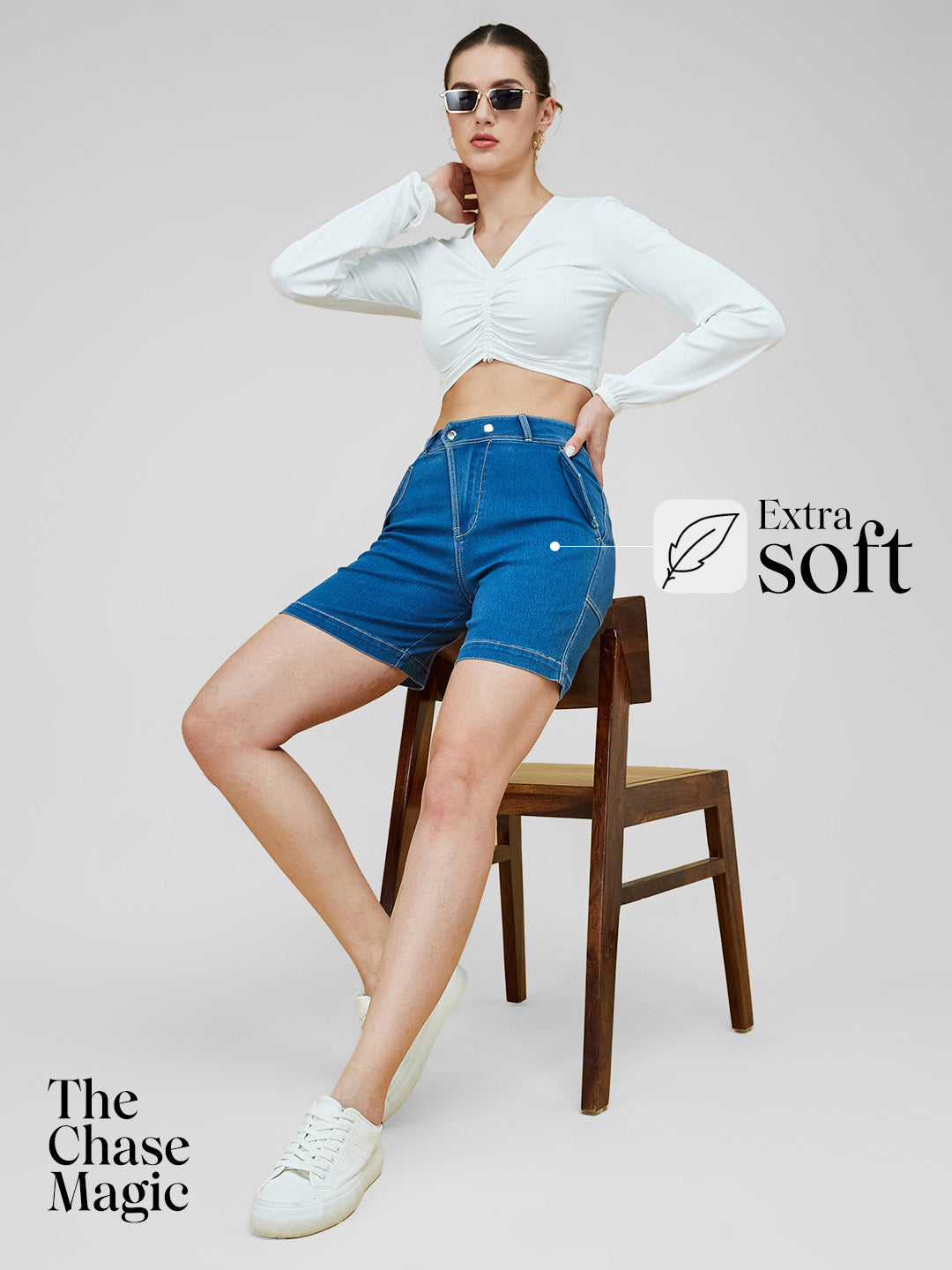 Relaxed-Fit Mid-Rise Clean-Look Stretchable Blue Denim Bermuda Shorts for Women