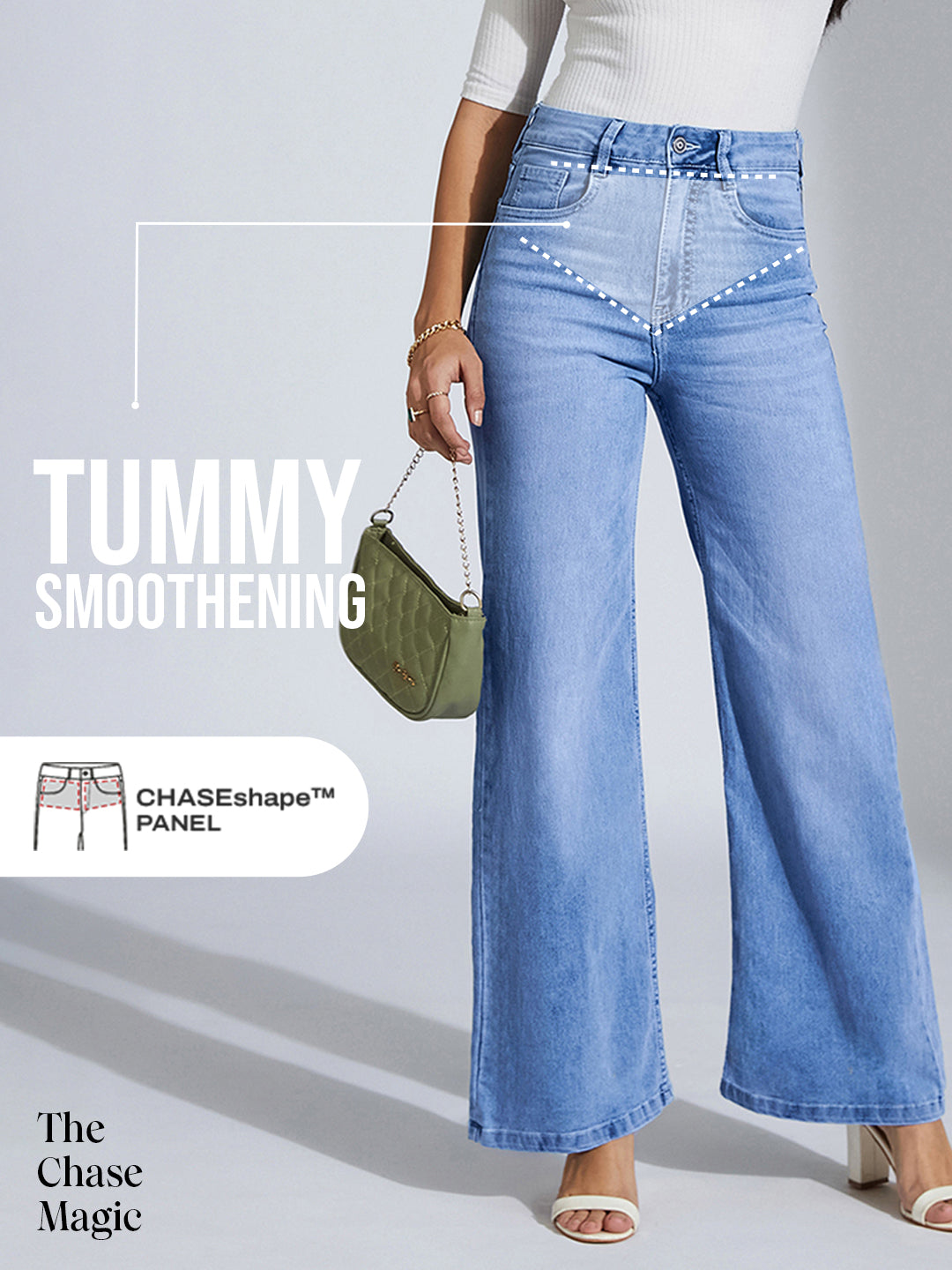 Tummy Smoothening Light-Shaping Wide-Leg High-Rise Light-Blue Denim Jeans