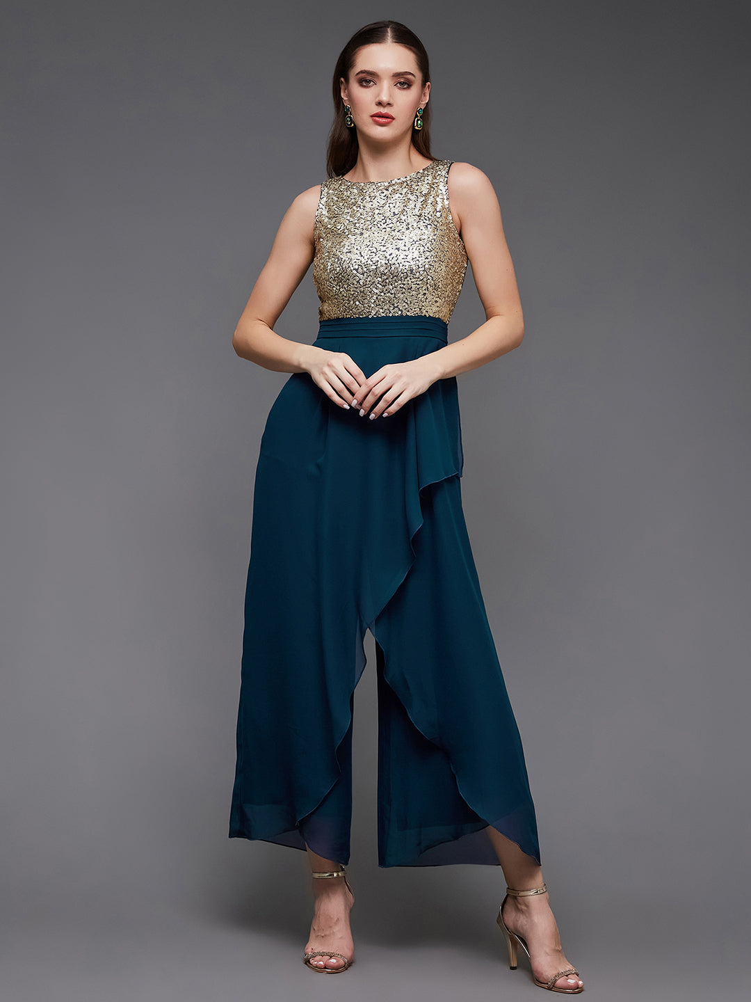 Women's Teal Sequined Relaxed Fit Round Neck Sleeveless Party Jumpsuit