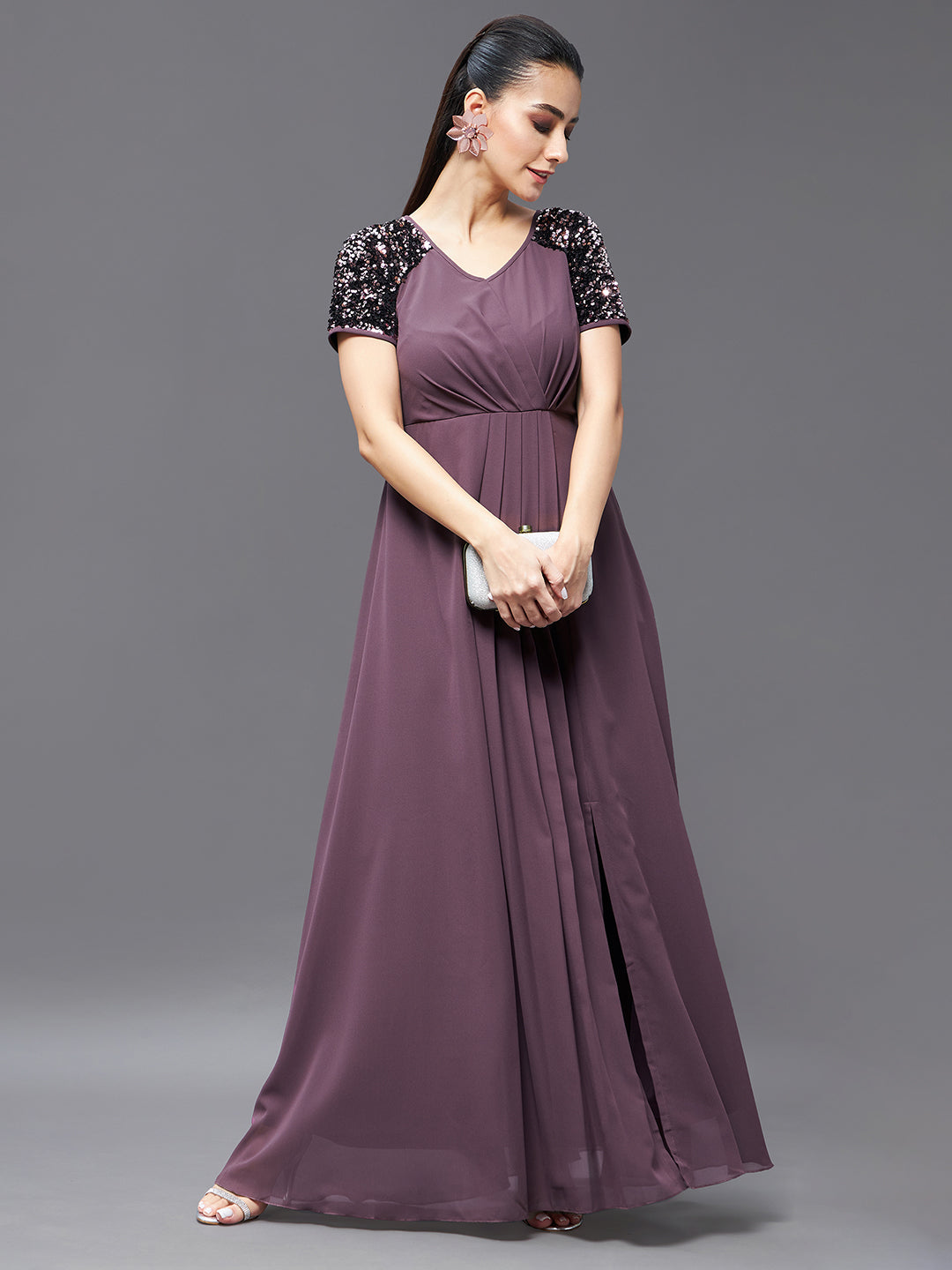 Mauve Half Sleeves Sequinned Fit and Flare Maxi Dress Long Dress Gown Frock for Women | Cocktail Hour Edit