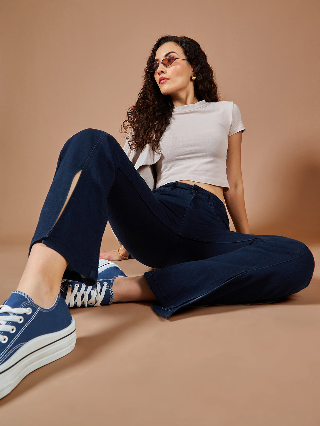24/7 Comfort Navy-Blue Bell-Bottom Bootcut High-Rise Stretchable Slit Denim Jeans