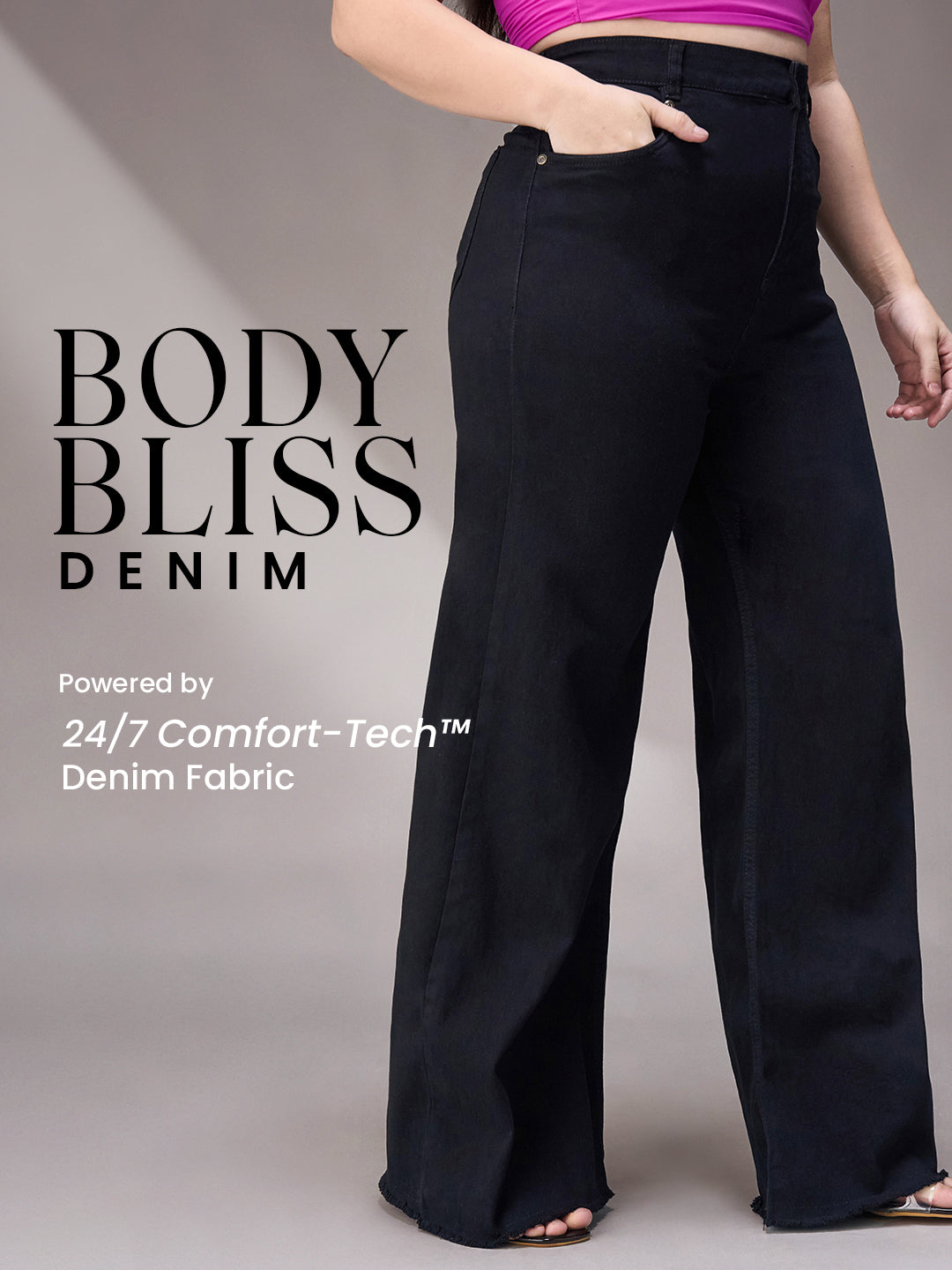 Body Bliss Black High-Rise Stretchable Wide-Leg Denim Jeans for Women