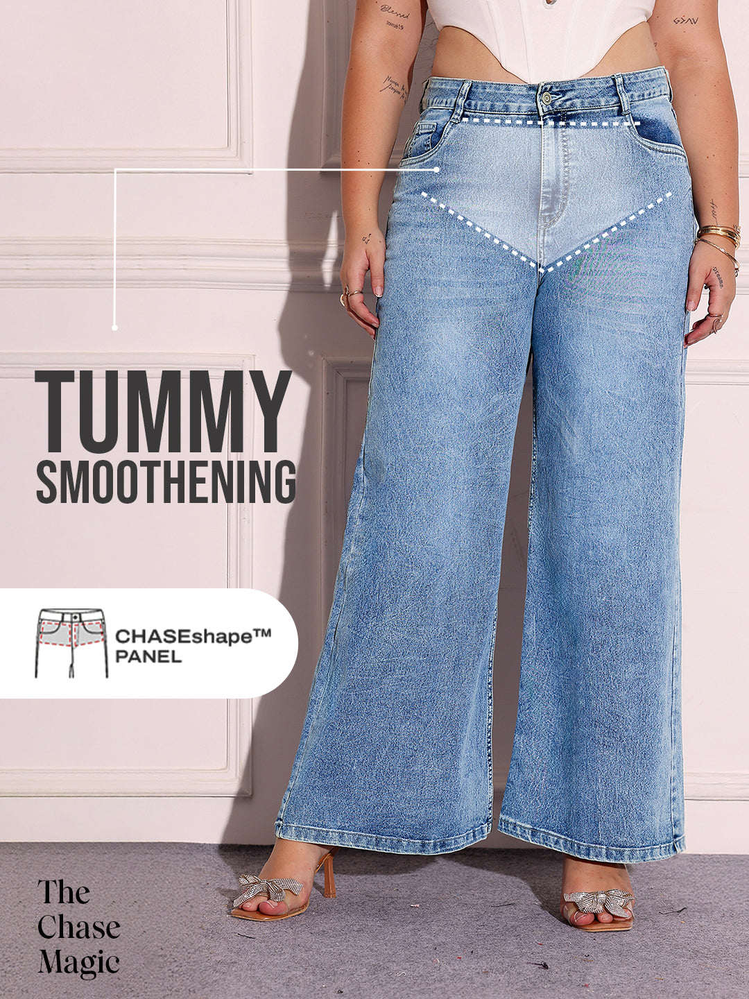 Tummy Smoothening Light-Shaping Wide-Leg High-Rise Light-Blue Denim Jeans