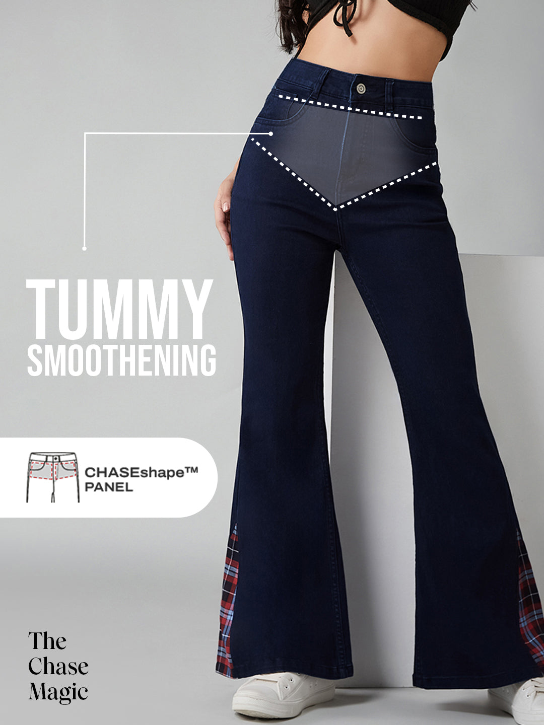 Tummy Smoothening Light-Shaping High-Rise Checked Peeps Navy Blue Stretchable Denim Bootcut Jeans for Women