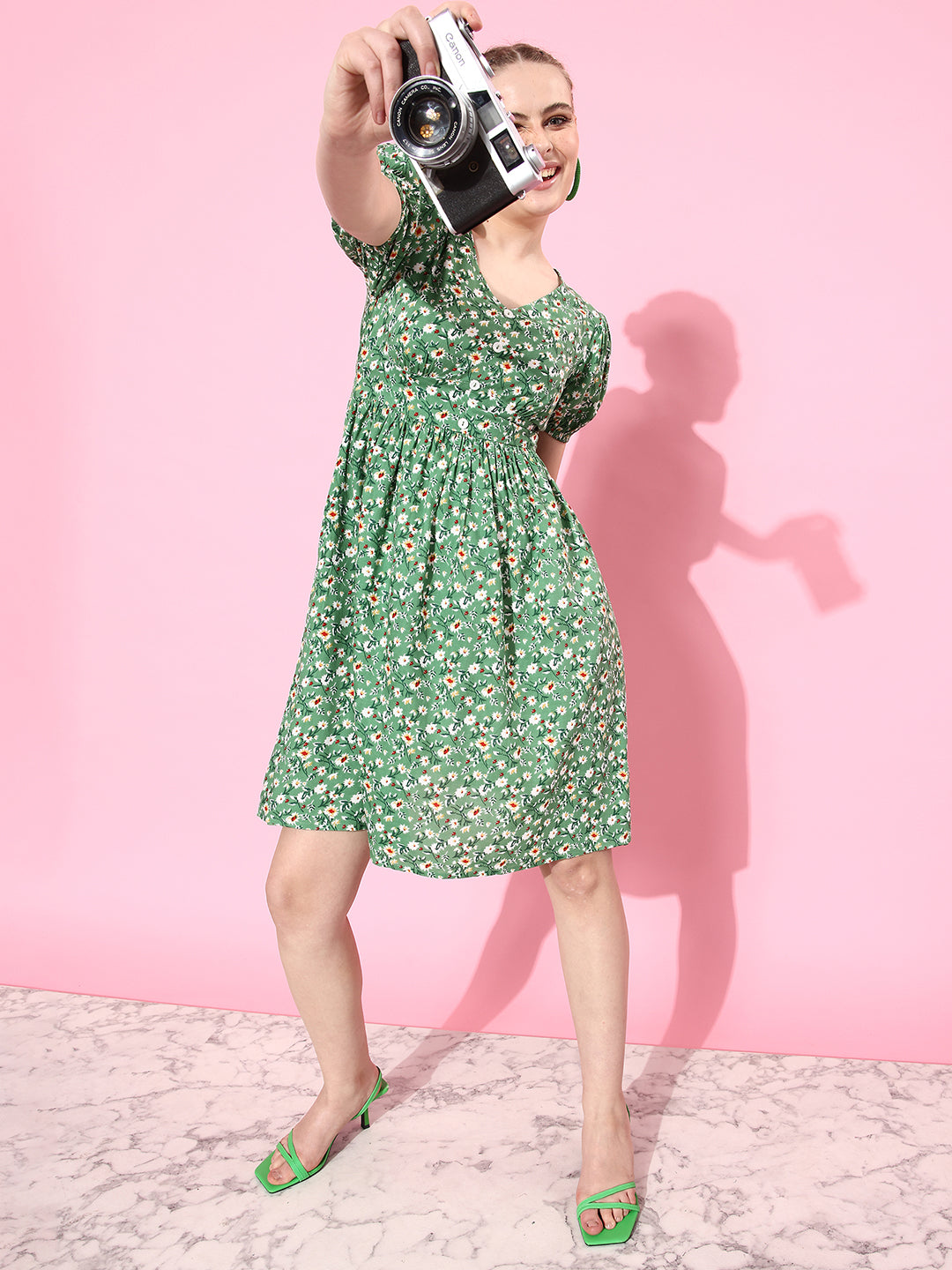 Women's Multicolored-Base-Green V Neckline Short Sleeve Viscose Rayon Floral Fit & Flare Midi Dress