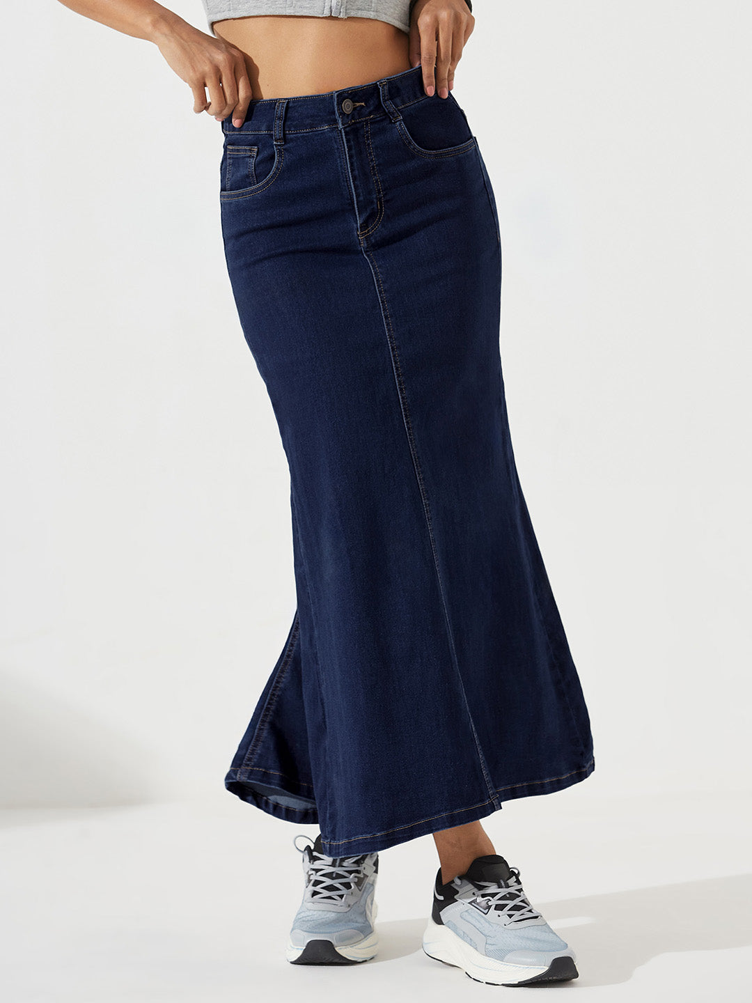 Dark Blue Flared High-Rise Clean-Look Stretchable Denim Maxi Skirt for Women