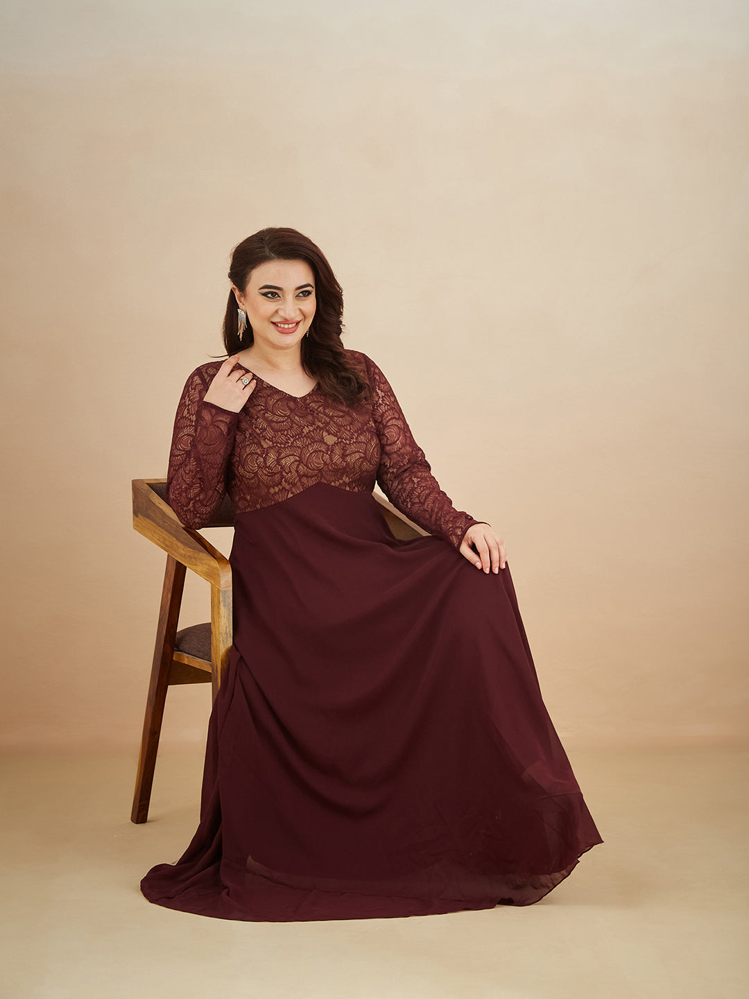 Wine V-Neck Full Sleeve Self Design Lace-Overlaid Georgette Maxi Dress for Women