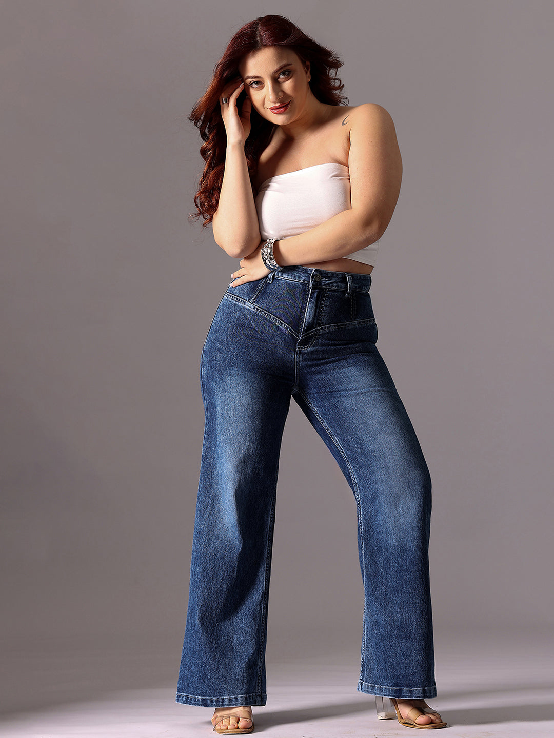 CHASEshape™ Mid-Blue Wide-Leg High-Rise Clean-Look Stretchable Denim Jeans