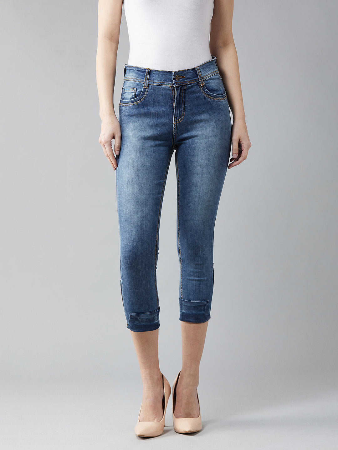24/7 Comfort Mid-Blue Skinny Fit High Rise Ankle Length Acid Wash Blast Effect Denim Stretchable Jeans