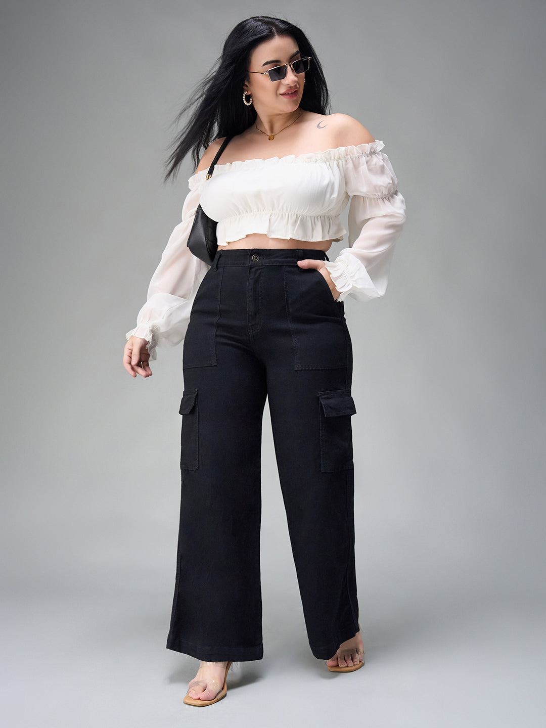 24/7 Comfort Black Wide-Leg High-Rise Stretchable Denim Cargo Jeans for Women