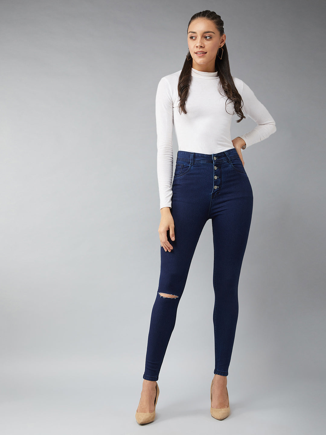CHASEstretch™ Navy-Blue Skinny High-Rise Knee-Slit Denim Jeans