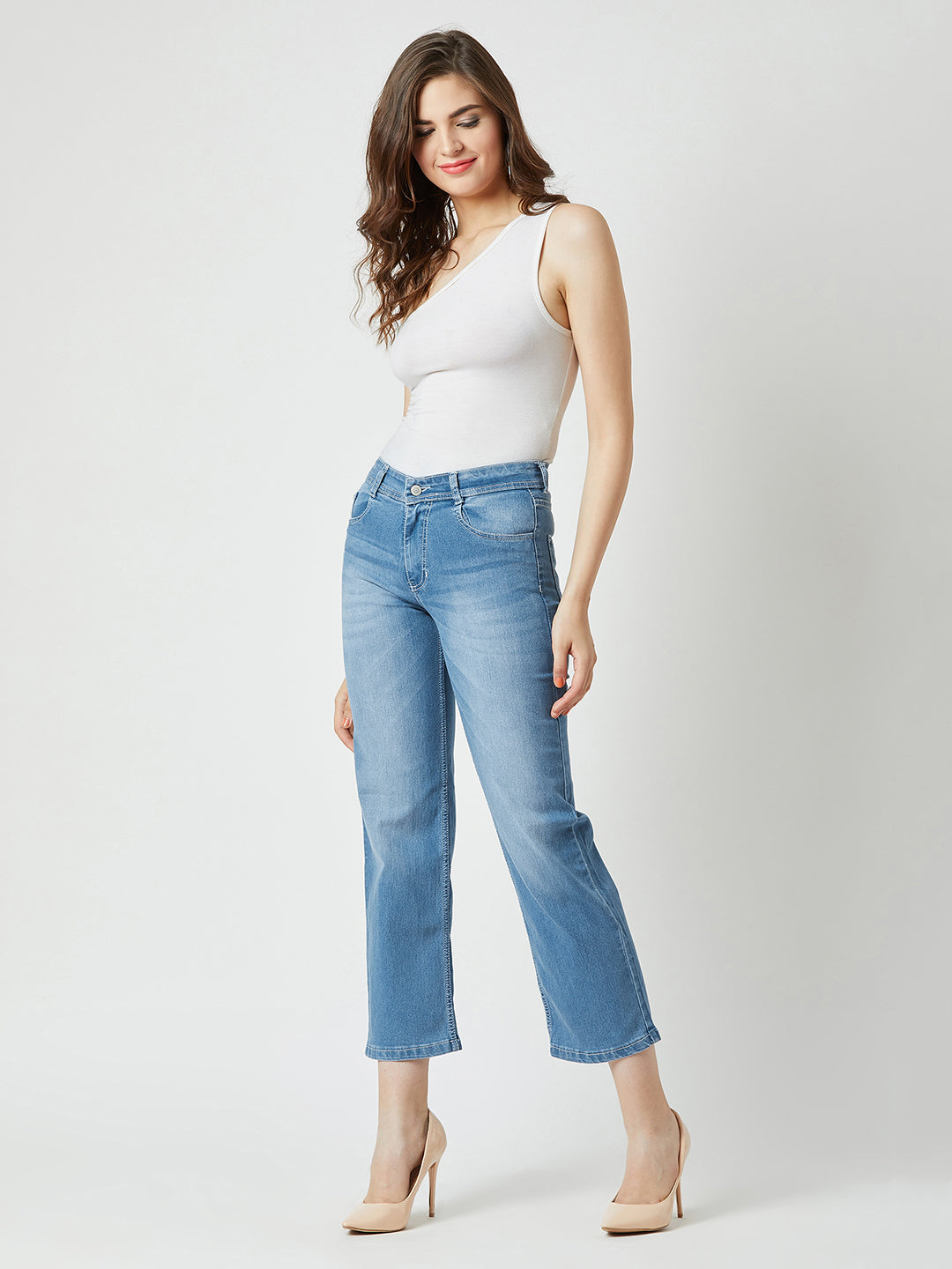 24/7 Comfort Light Blue Wide-Leg fit Mid-Rise Stretchable Denim Jeans
