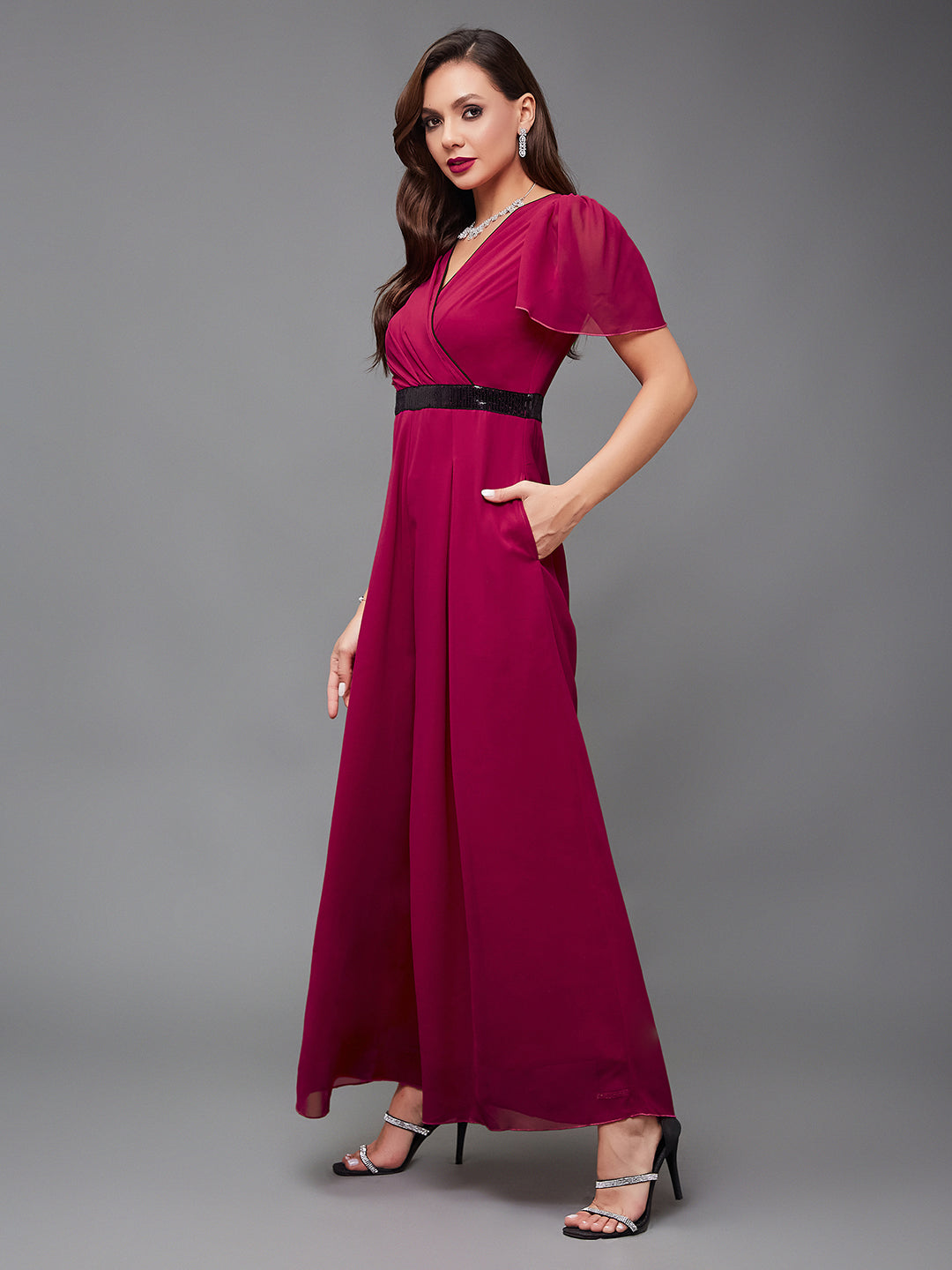 Cocktail Pink Solid Relaxed Fit Short Sleeve V-Neck Ankle-Length Straight-Fit Jumpsuit for Women
