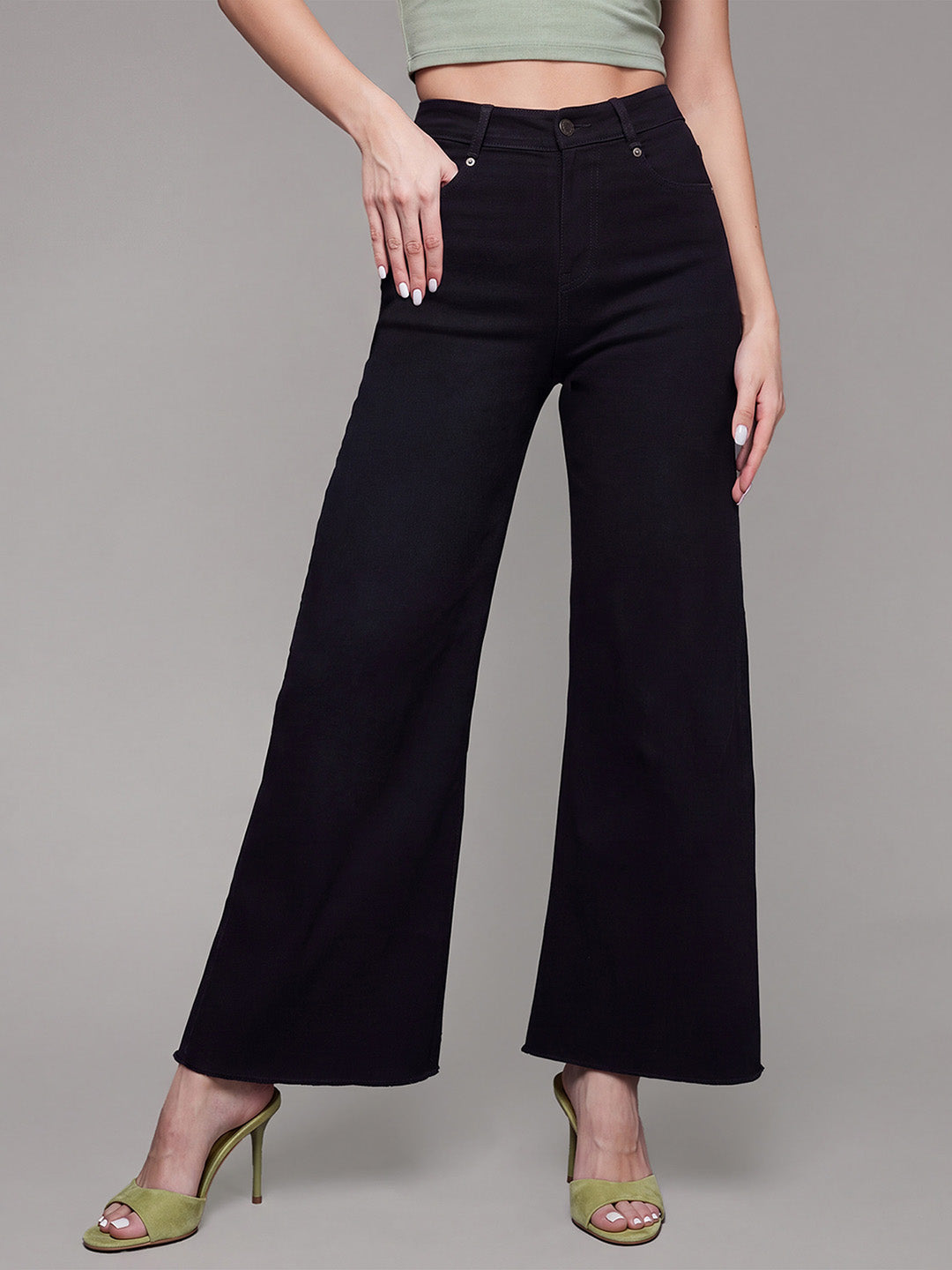 Black High Rise Stretchable Wide Leg Denim Jeans for Women