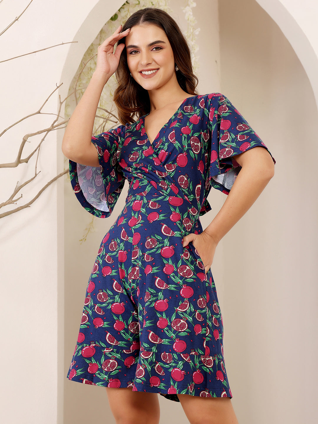 Women's Multicolored-Base-Navy Blue V-Neck Half-Sleeve Tropical-Printed Wrap Knee-Long Cotton Playsuit
