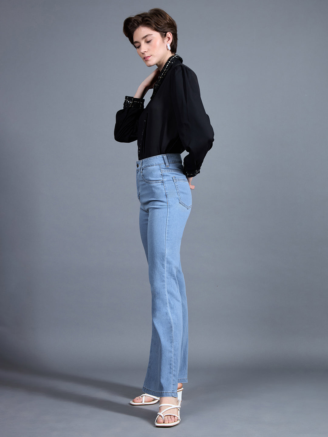 Women's Light Blue Bootcut High rise Clean look Regular Stretchable Denim Jeans