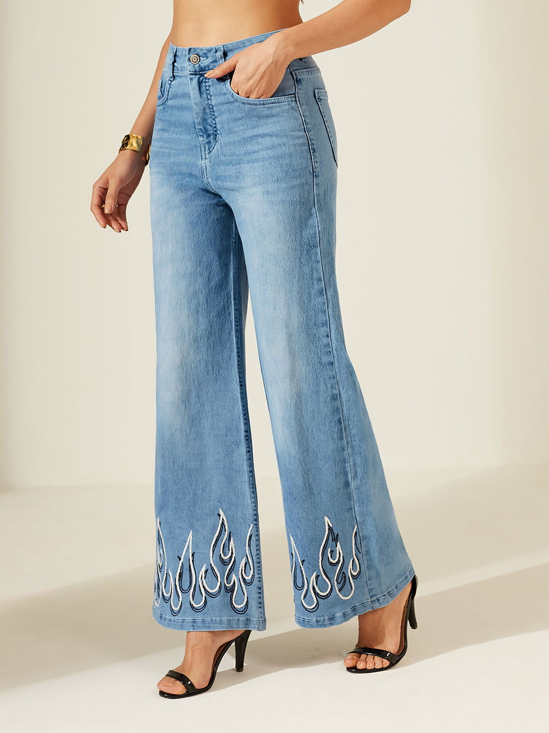 CHASEshape™ Light Blue Wide-Leg High-Rise Stretchable Denim Jeans with Hand-Crafted Dual-Tone Flame Embroidery for Women