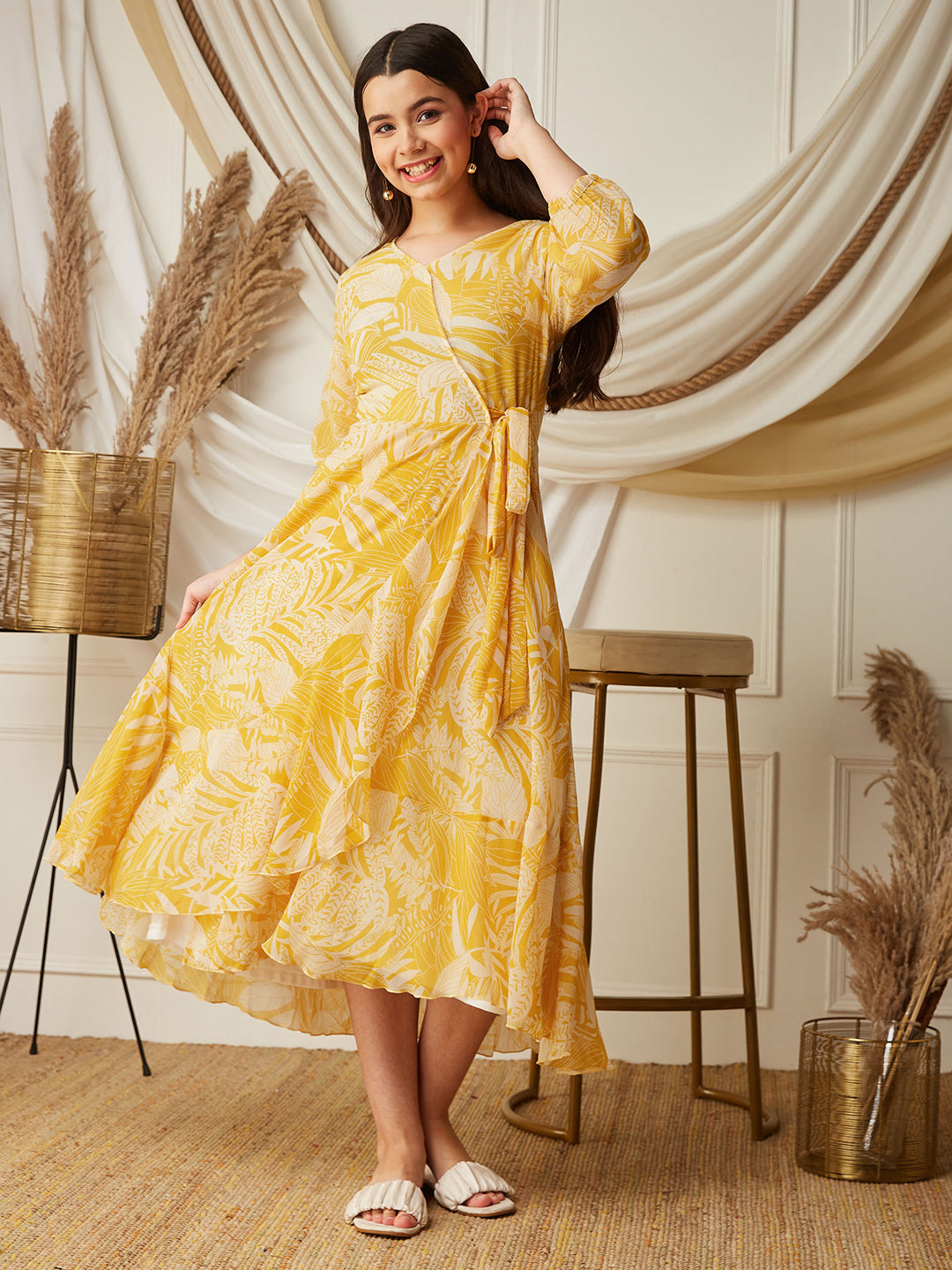 Yellow & White V neck Full sleeve Floral Layered Maxi Dress