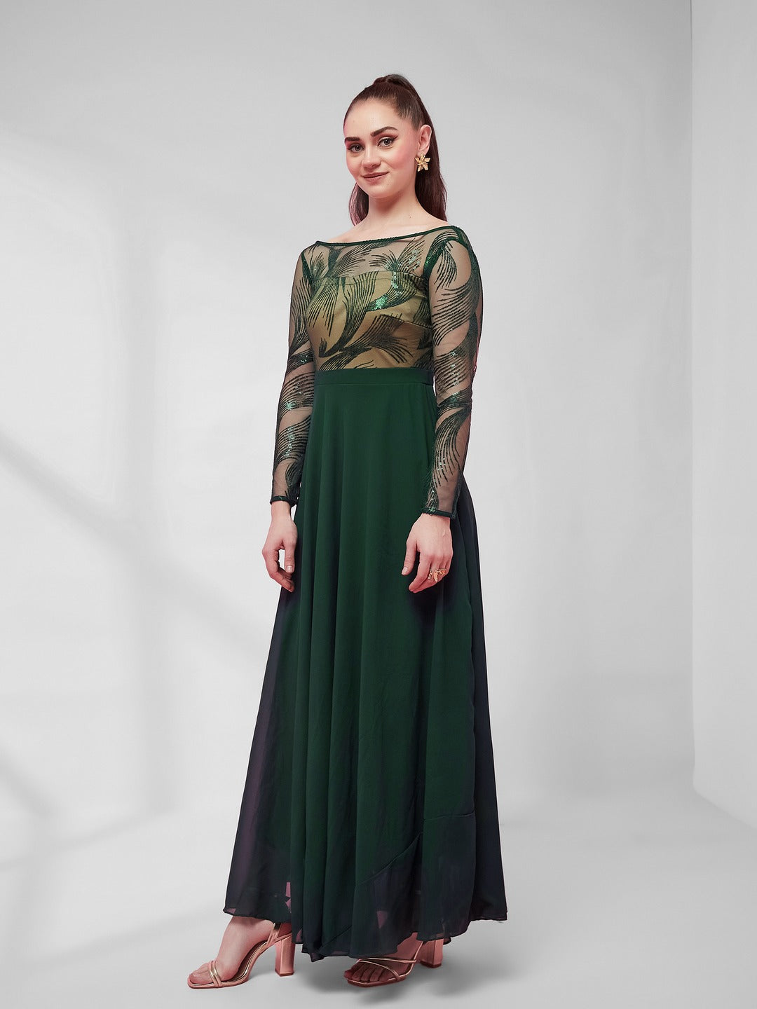 Green & Beige Solid Embellished Maxi Dress for Women