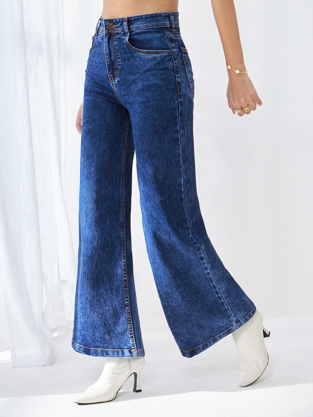 Mid Blue Wide-Leg High-Rise Stretchable Denim Jeans for Women