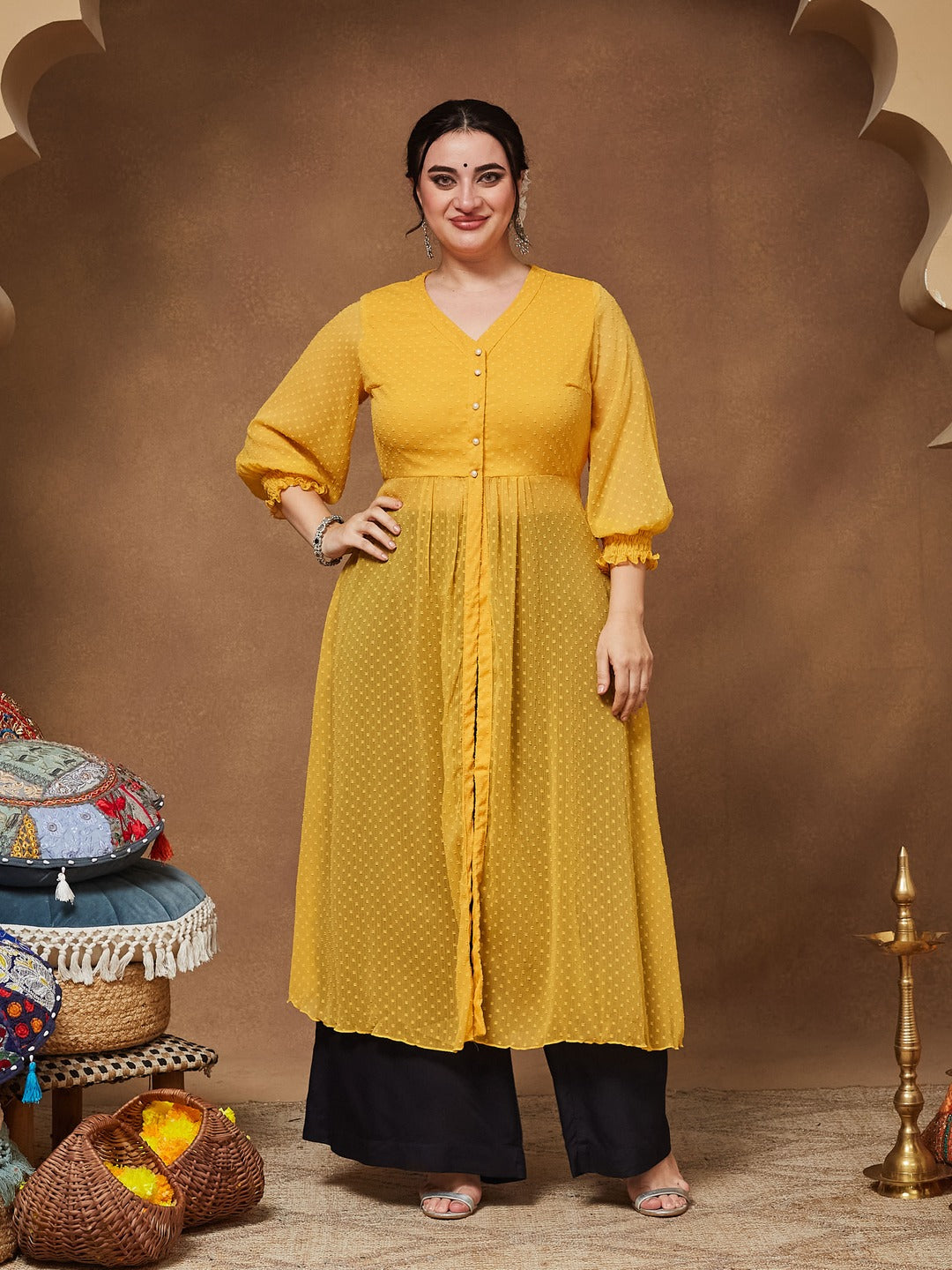 Mustard Yellow V-Neck 3/4 Sleeves solid empire Maxi Top for Women