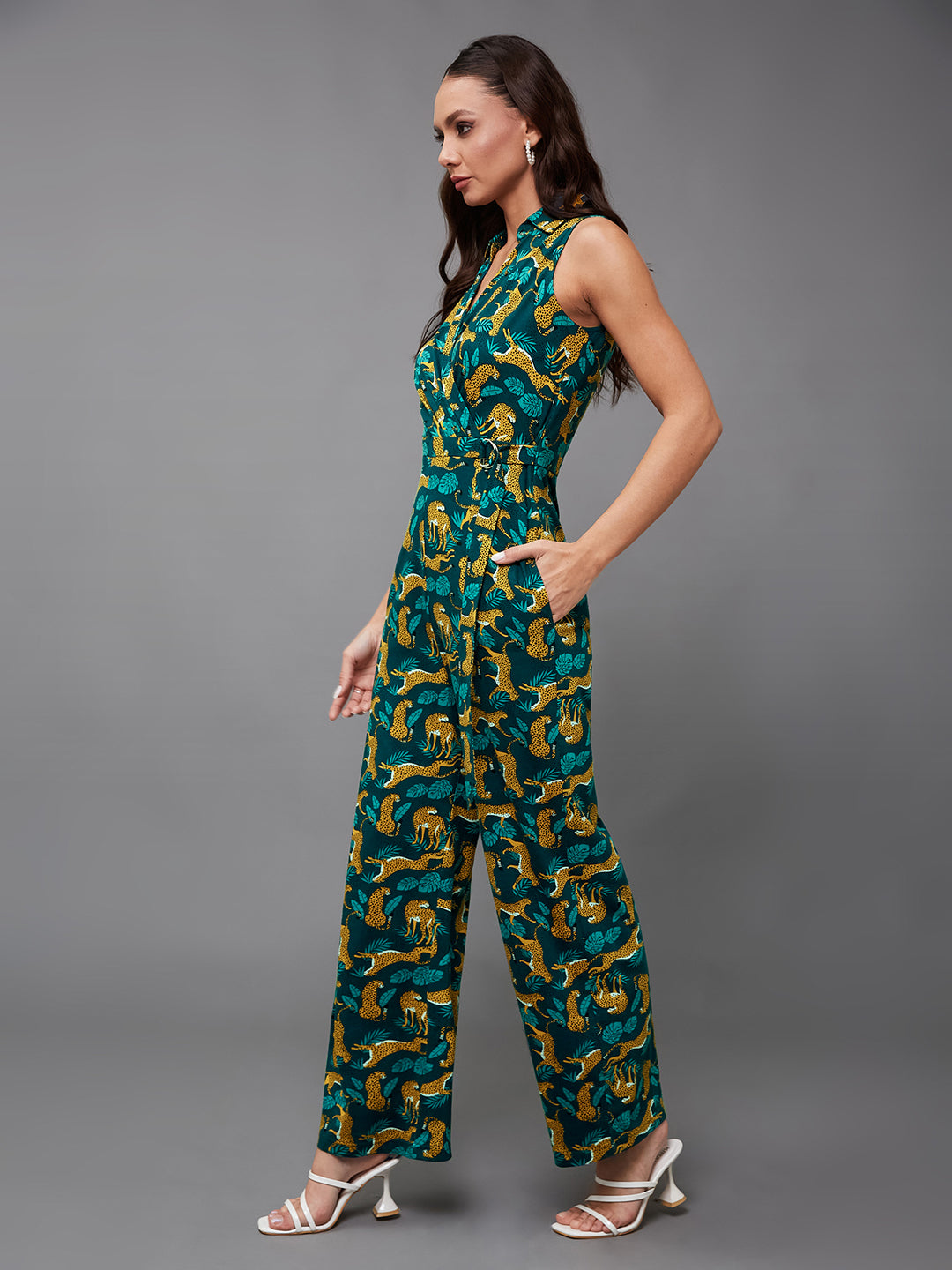 Women's Multicolored-Base-Teal Shirt Collar Sleeveless Animal-Printed Wrap-Styled Regular-Length Cotton Jumpsuit