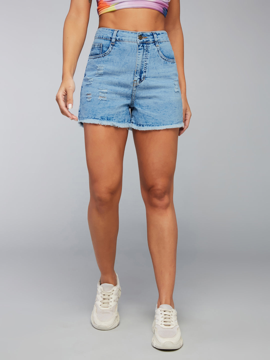 Women's Light Blue Relaxed Fit Mid Rise Highly Distressed Regular Denim Shorts