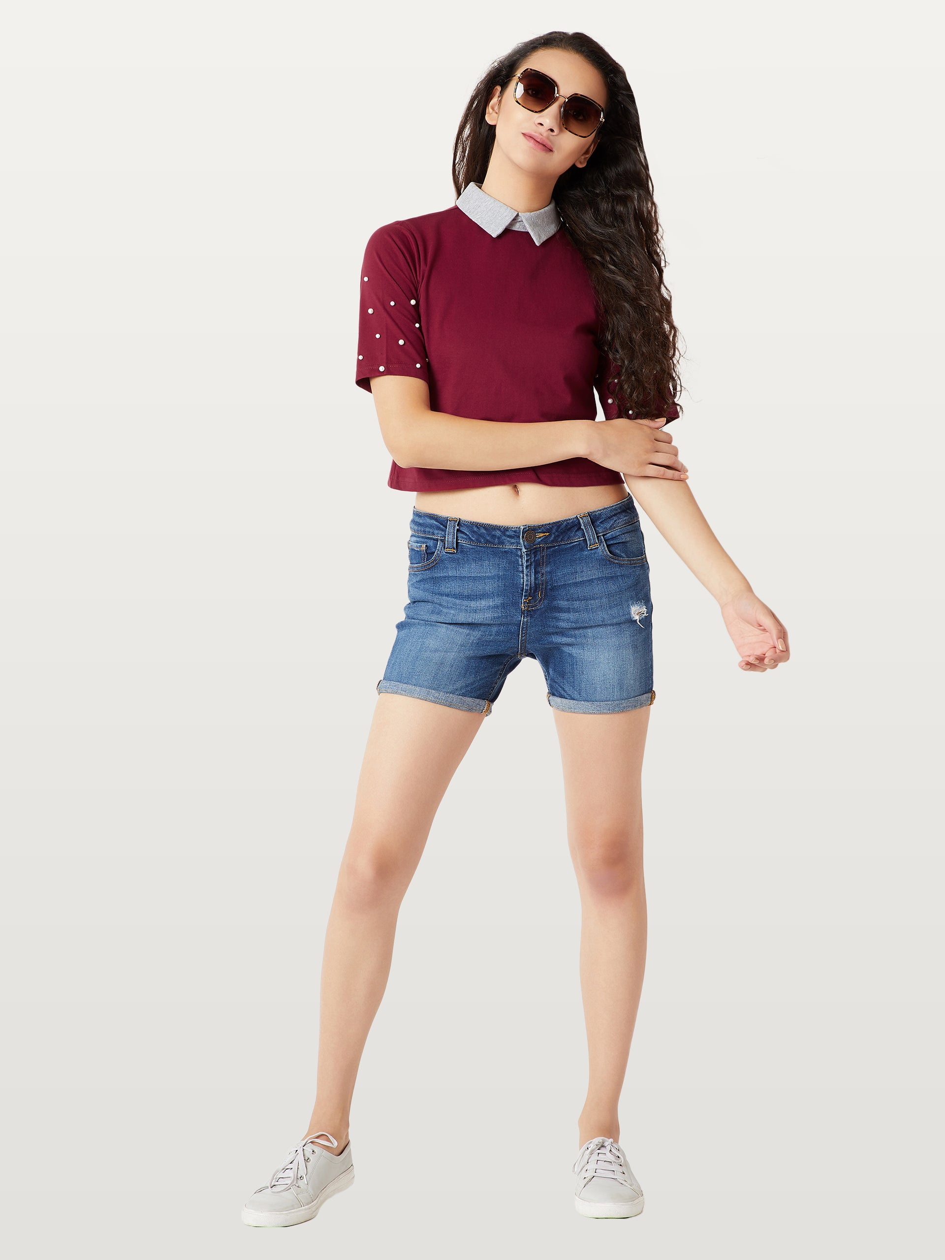 Women's Maroon & Grey Half Sleeves Round Neck Solid Collared Pearl Detailing Crop Top
