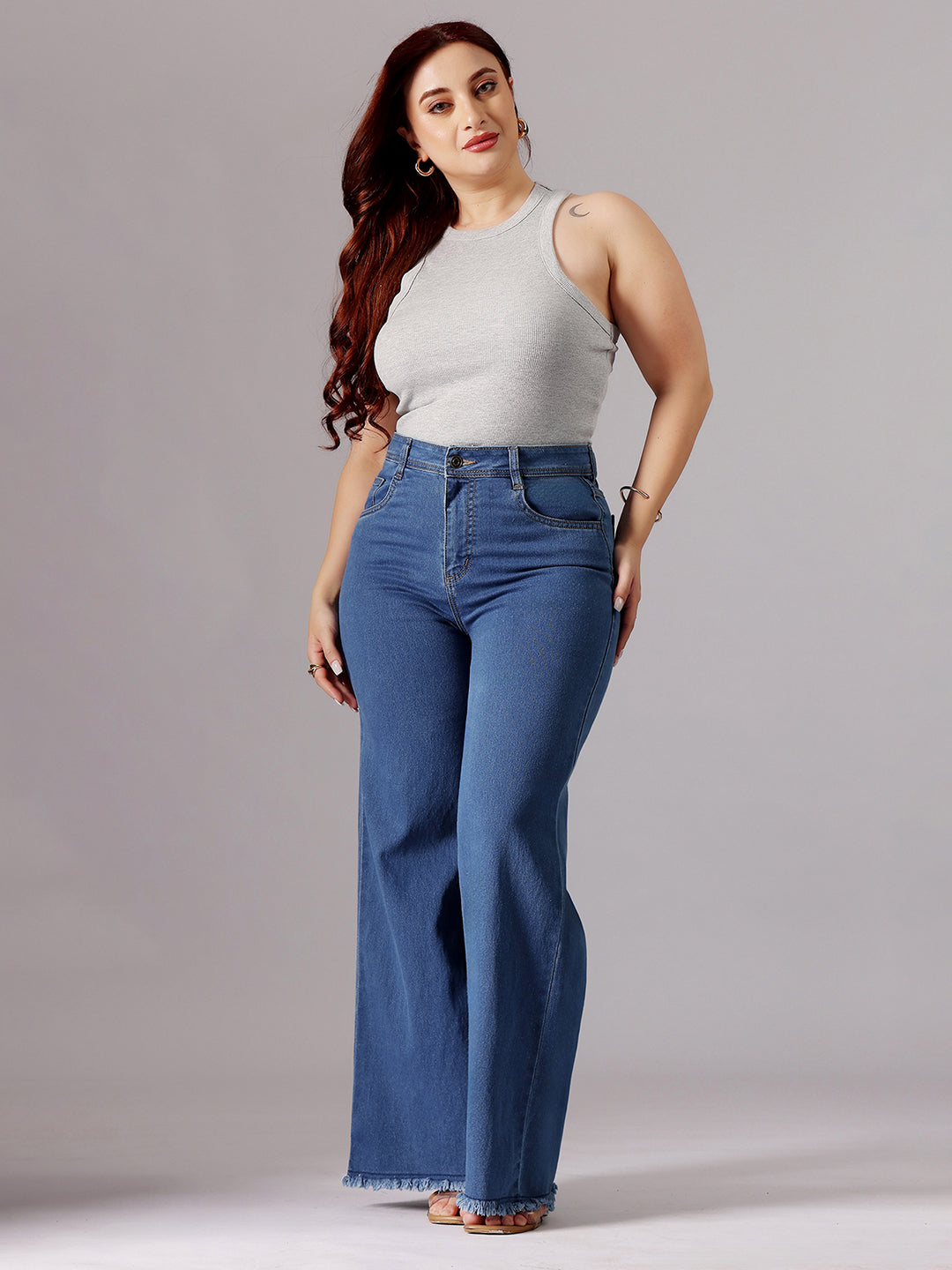24/7 Comfort Mid-Blue Wide-Leg High-Rise Clean-Look Regular-Length Stretchable Denim Jeans