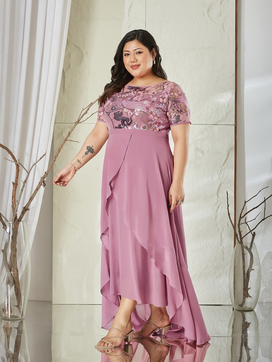 Dusty Lavender Round Neck Short Sleeve Floral Layered Georgette Midi Dress for Women
