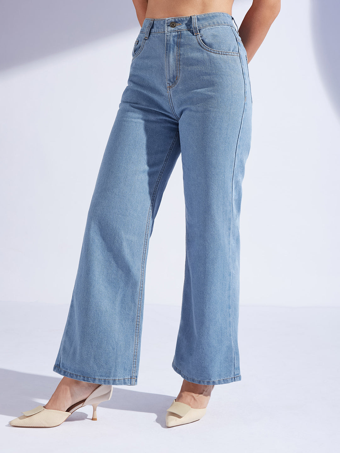 Women's Light Blue Wide-Leg High-Rise Clean-Look Regular-Length Non-stretchable Denim Jeans
