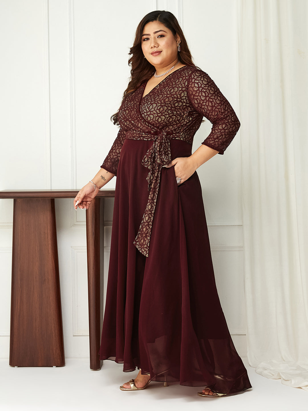 Wine Long Sleeves Fit and Flare Wrap Maxi Dress Gown with Lace Belt for Women | Bridesmaids' Favourites