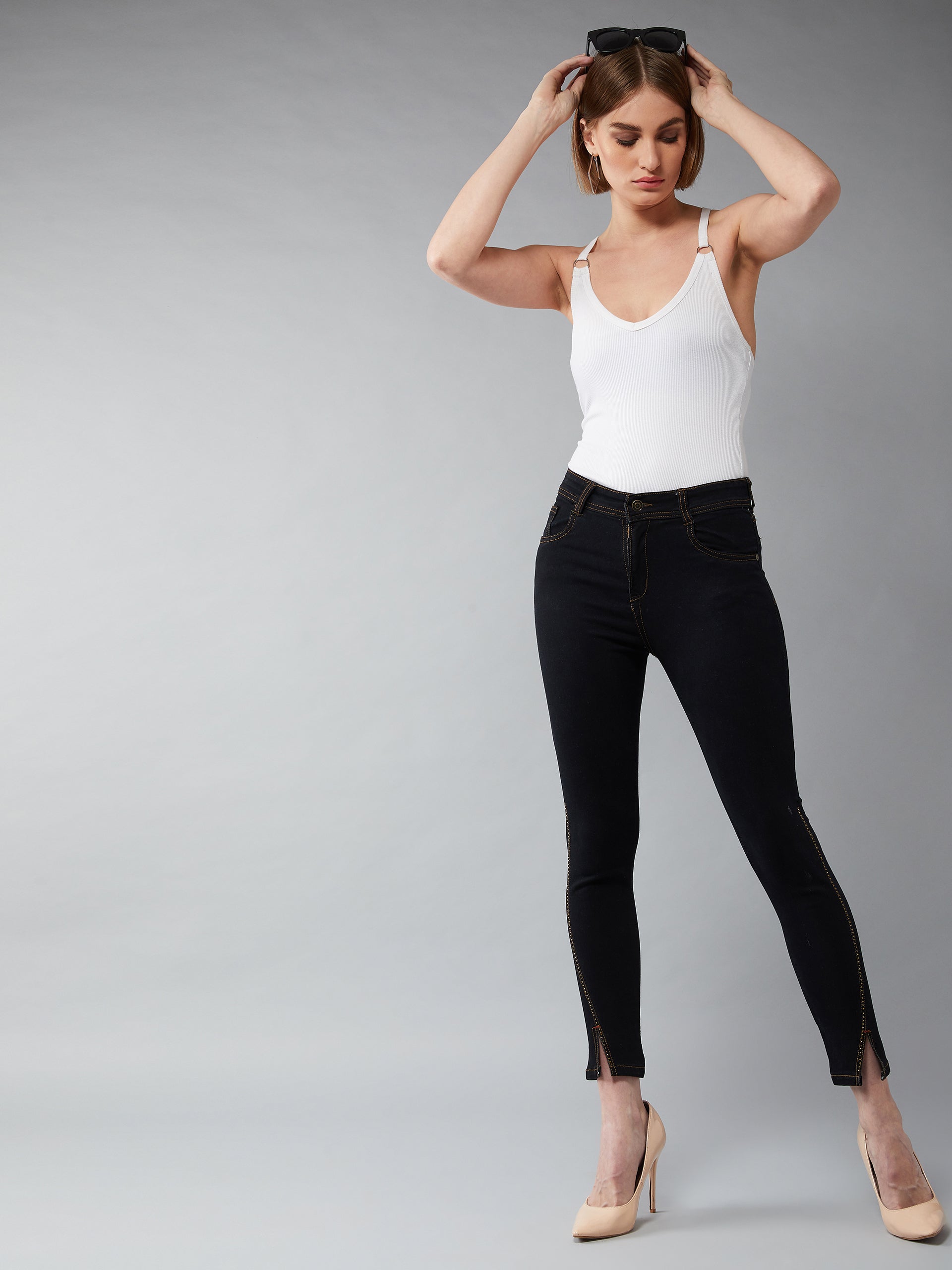 Women's Black Embellished Skinny High-Rise Side-Slit Solid Cropped-Length Stretchable Denim Jeans