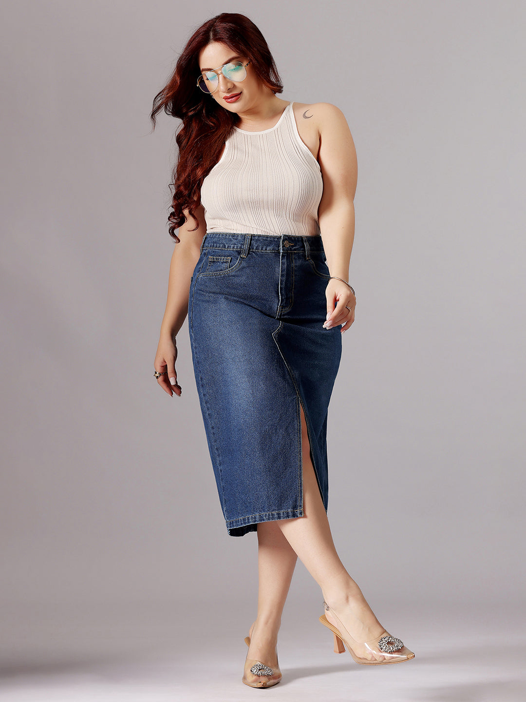 dark blue A-line high-rise midi skirt with a front slit for women