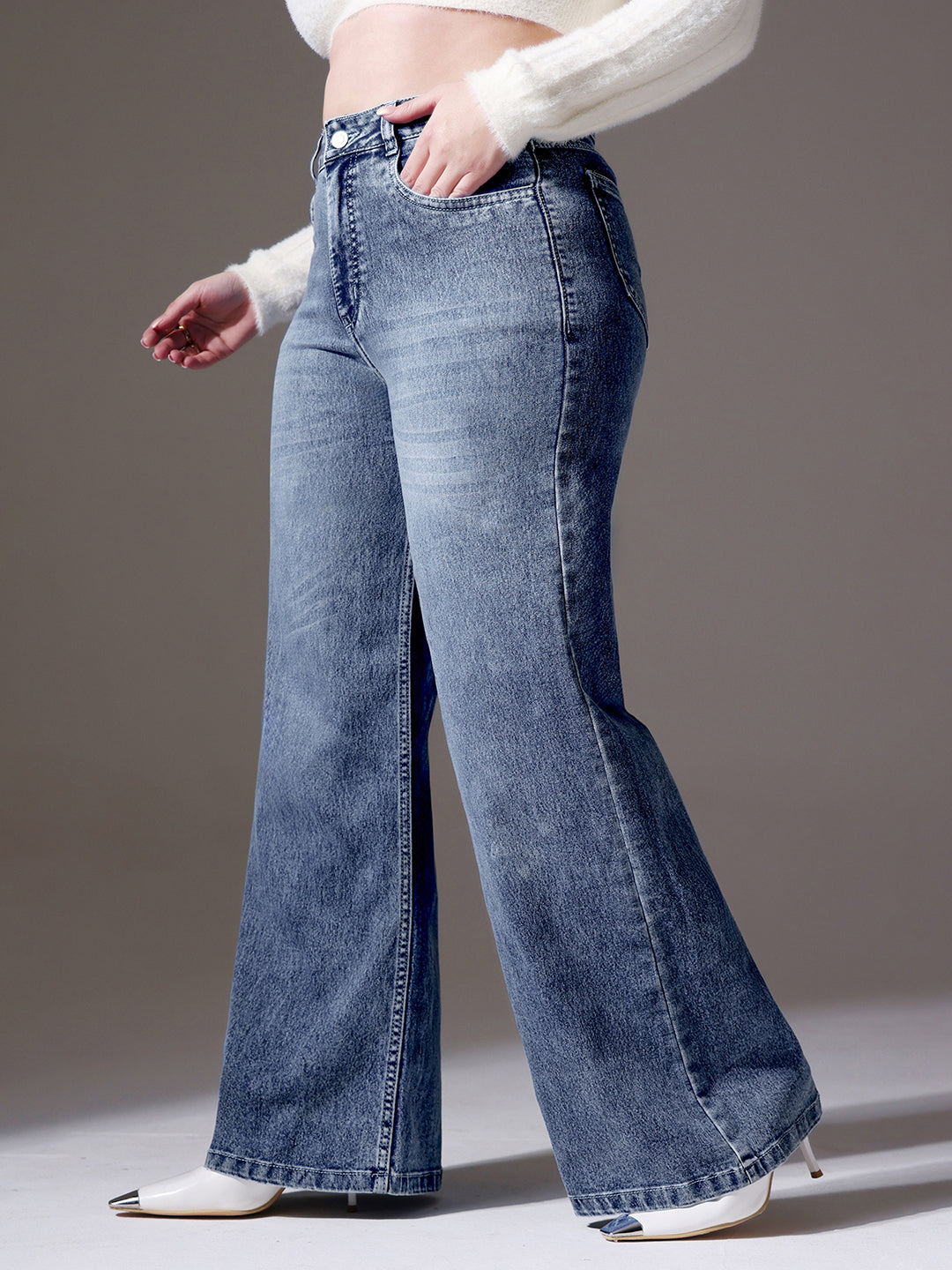 Women's Light Blue High Rise Clean Look Regular-Length Stretchable Denim Wide Leg Shaping Jeans