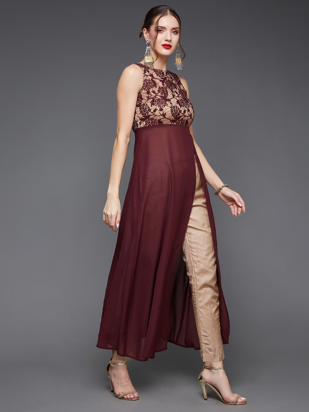 Women's Wine Boat Neck Sleeveless Self Design Lace Overlaid Polyester Maxi Top