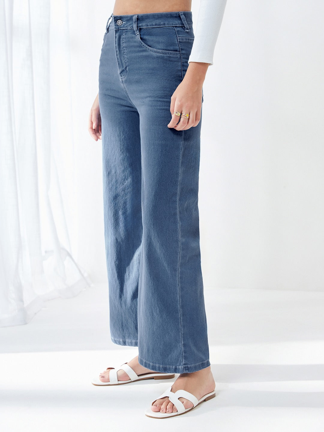 Blue Wide-Leg High-Rise Stretchable Denim Jeans for Women