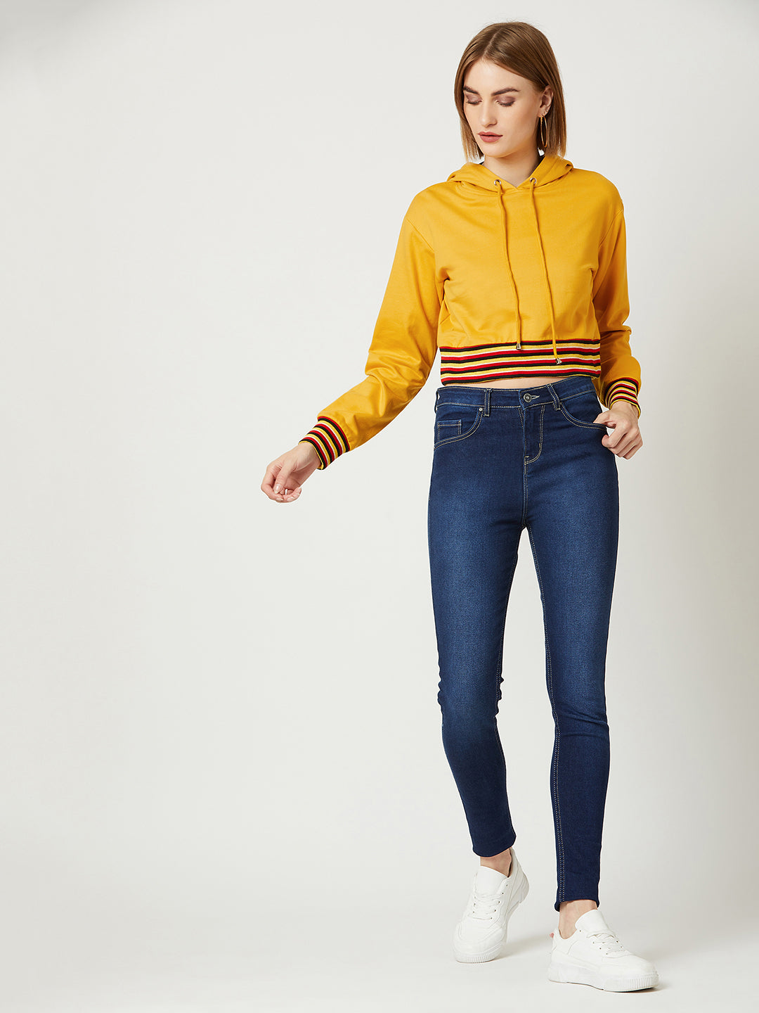 Women's Mustard Yellow Hooded Full Sleeves Loop knit, Rib Solid Boxy Cropped Eyelet Detailing Sweatshirt
