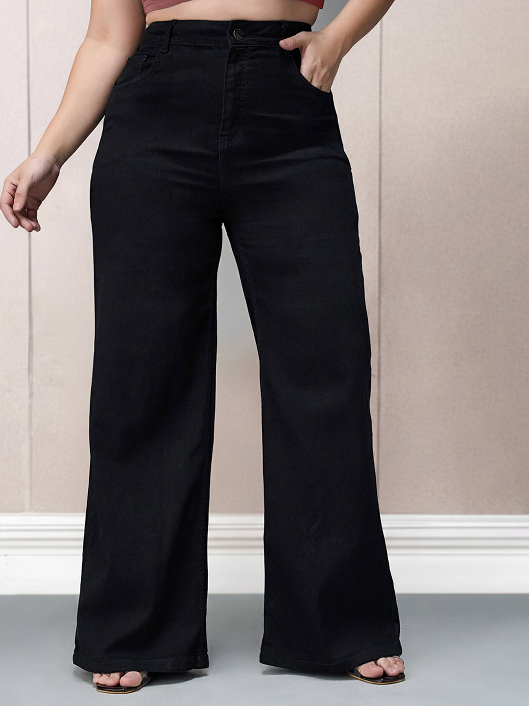 Black Wide Leg High Rise Stretchable Denim Jeans for Women