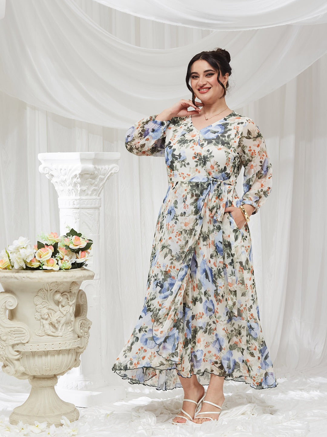 Off White V-Neck Three-Quarter Sleeve Floral Wrap Chiffon Midi Dress for Women
