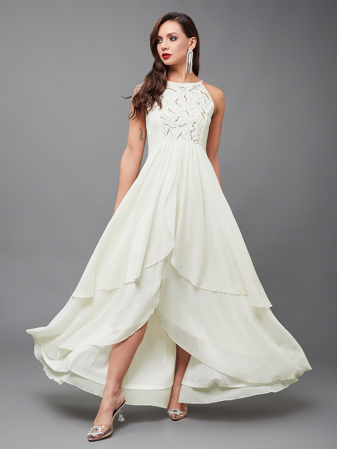 Off White Sleeveless Abstract Sequinned Layered Gown