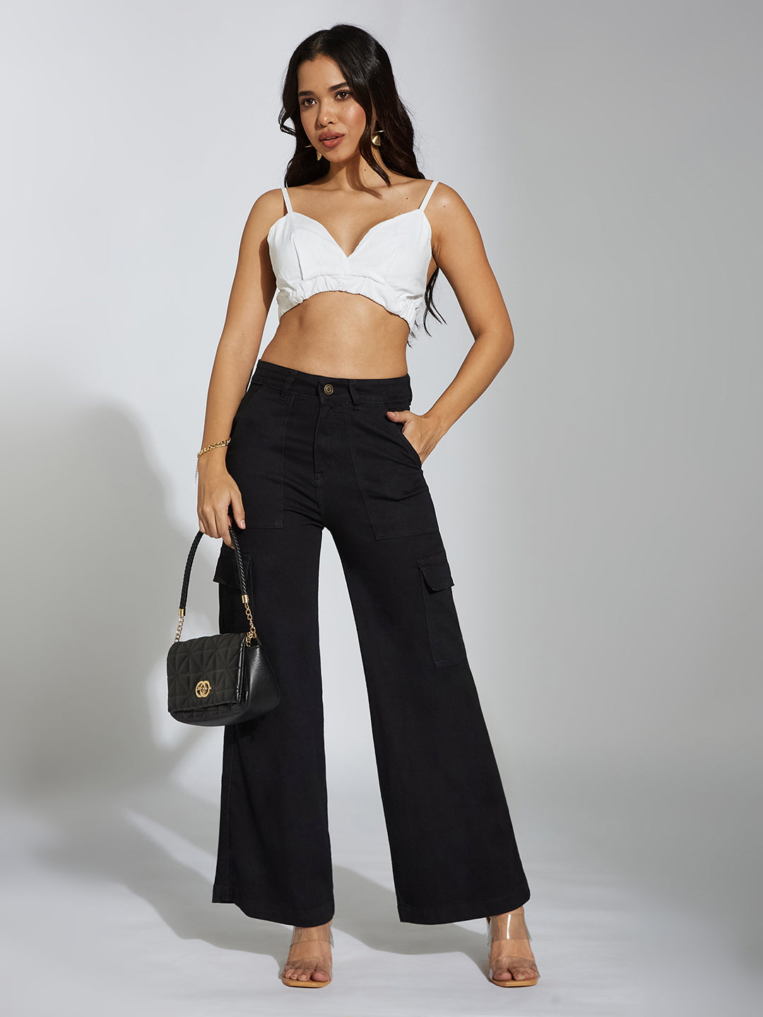 Women's Black Wide-Leg High-Rise Clean-Look Stretchable Denim Cargo Jeans